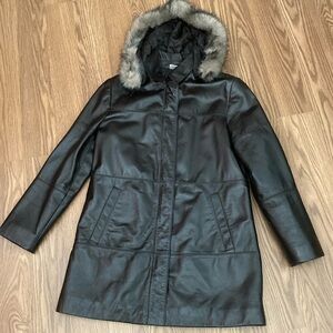 Kim Rogers Women Small Coat Black Leather Removable Hood Full Zipper Quilt Lined